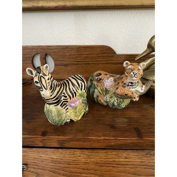 Vintage Sakura Oneida Jungle Salt & Pepper Shakers Set Leopard & Zebra MCM - Picture 1 of 8